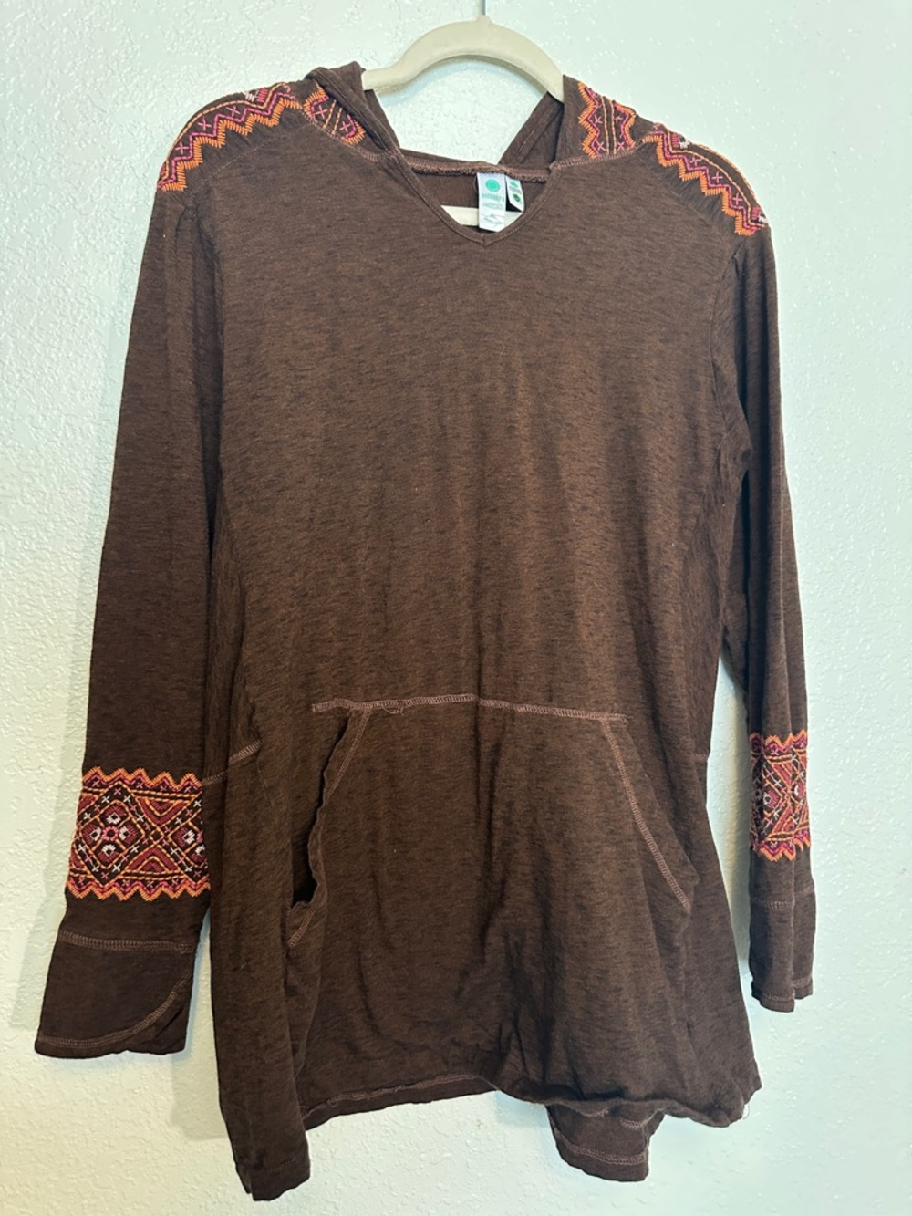 Aventura Brown Hooded Tunic Length Top with Embroidery XL